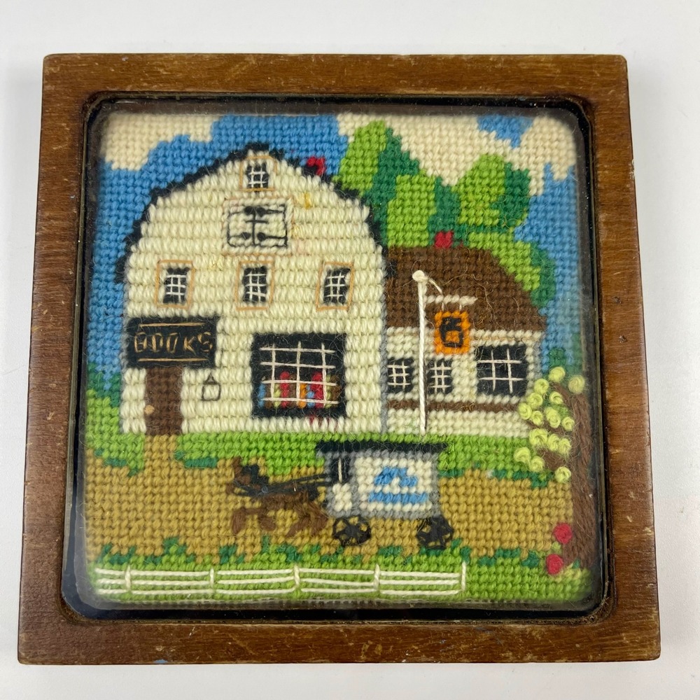 Vintage Needlepoint Wall Art Colonial Village Bookstore Horse Carriage 6x6 Frame